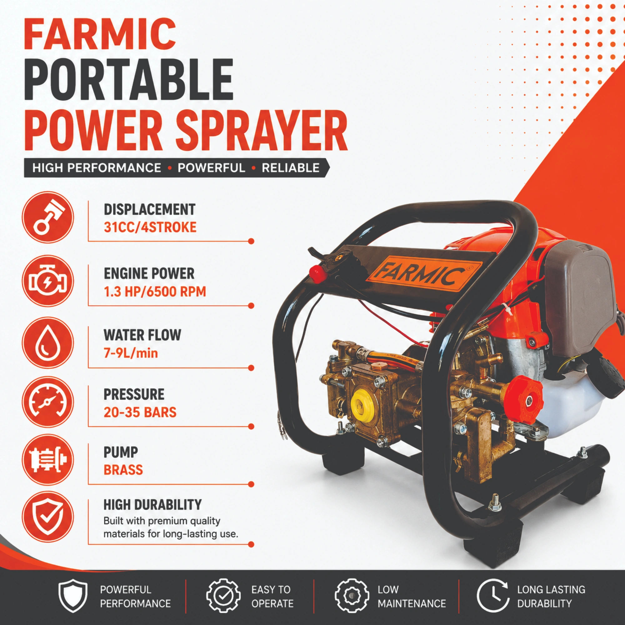 FARMIC Portable Power Sprayer FC-PPS4-31 | 31 cc 4 Stroke Engine, Pressure Pump for Gardening, Cleaning